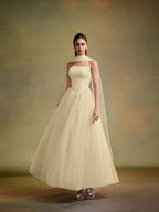 Tulle Strapless Sleeveless Long A-Line Prom Dress With Pleated And Ruffles YK0659