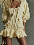 Elegant Casual Square-neck Front-zip Ruffled Hem Light Yellow Cotton Mini Dress