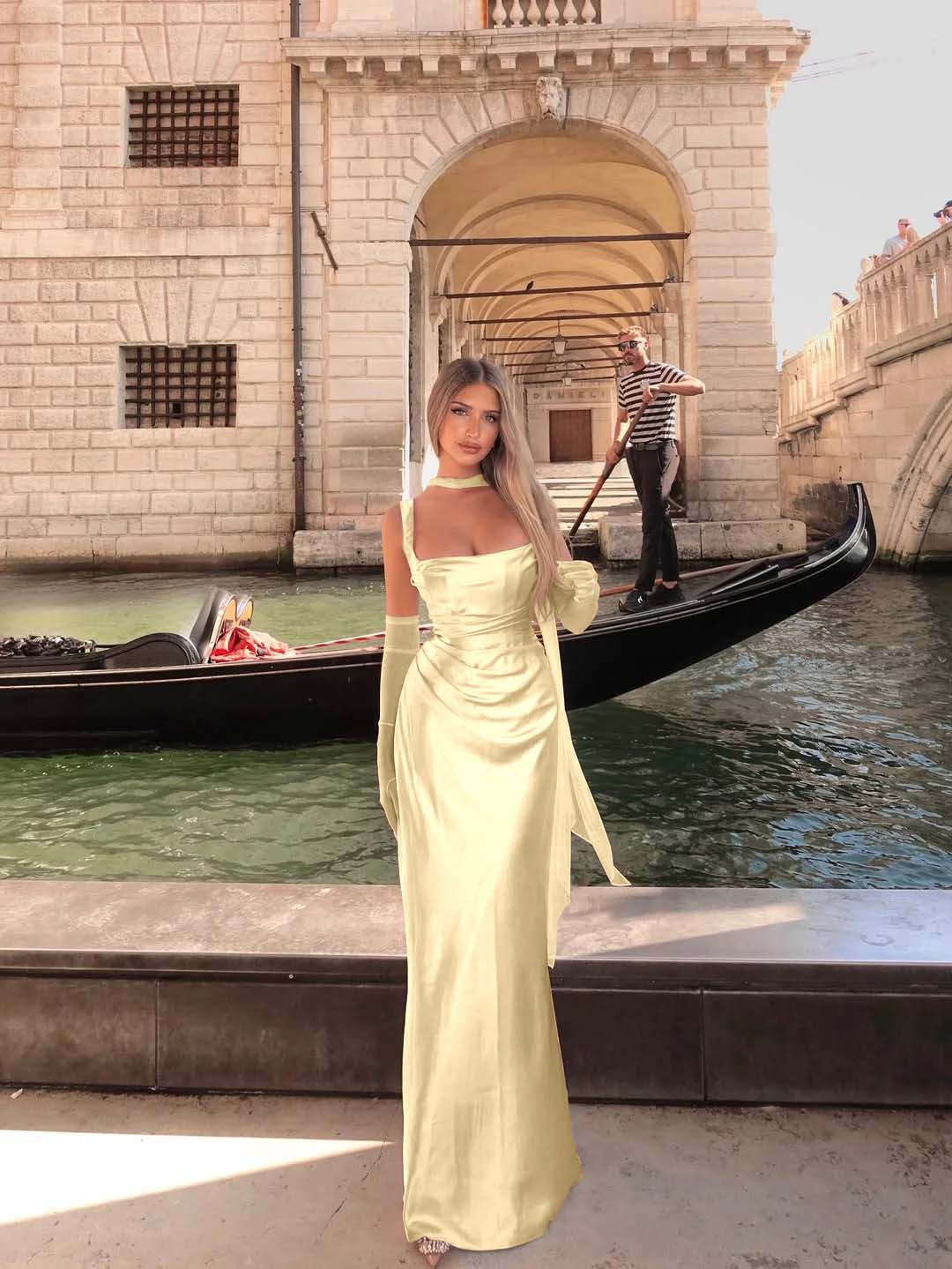 Spaghetti Strap Sleeveless Long Mermaid Prom Dress With Gloves YK0575