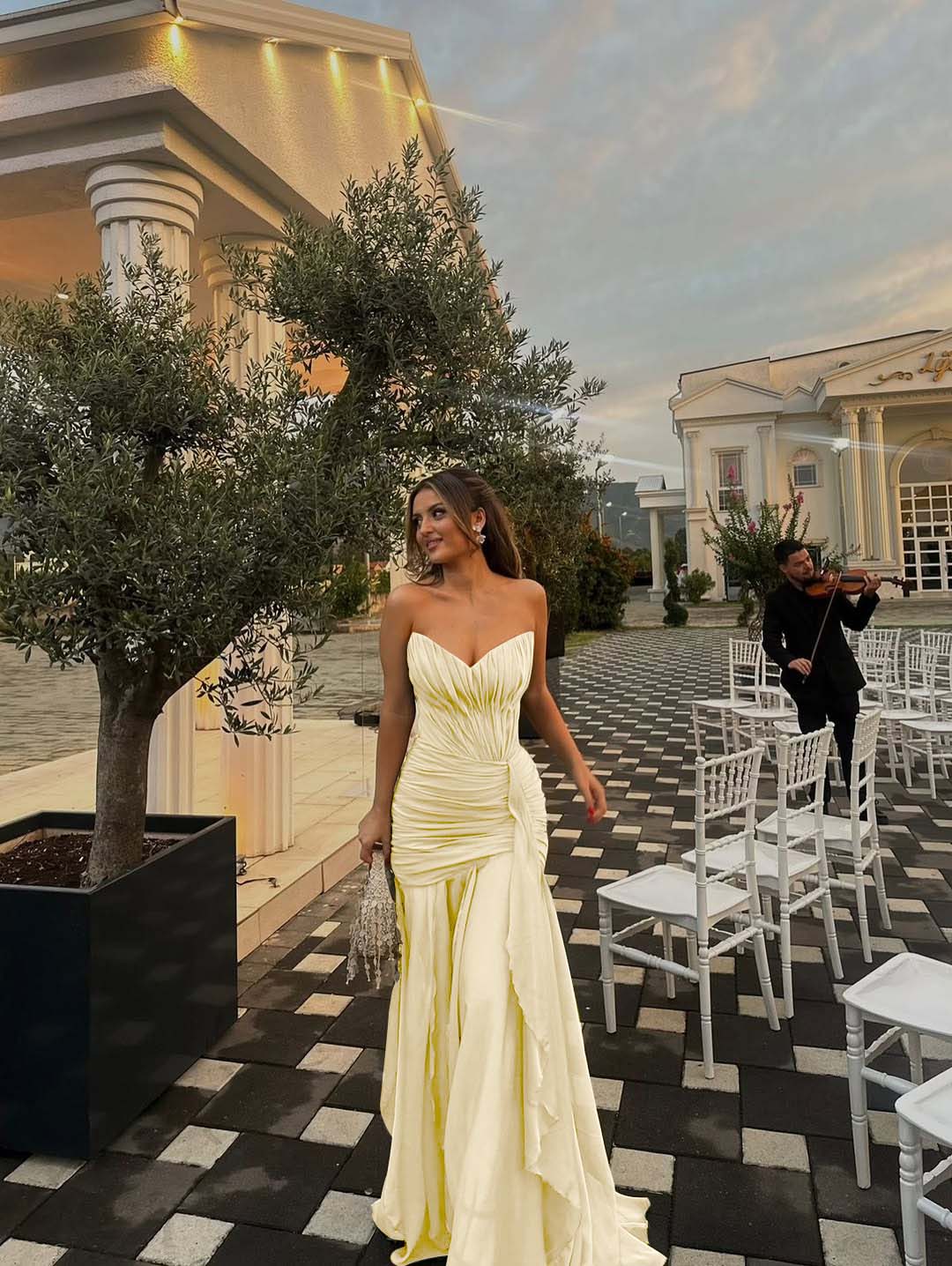 Strapless V Neck Sleeveless Long Prom Dress With Pleated Ruffle YK0492