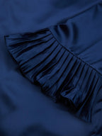 Navy Blue Ruffled Satin One Shoulder Long Sleeve Bell Sleeve Sheath Maxi Dress