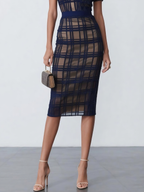 Purplish blue Organza Plaid Classic V Neck Short Sleeve Sheath Midi Dress