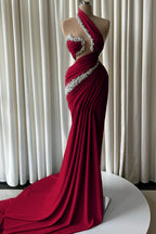 Cocoslly One Shoulder Sleeveless High Waist Long Mermaid Prom Dress With Pearls | Dusty Blue Satin JZ0162