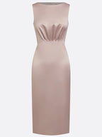 Pink Ruched Satin Boat Neck Sleeveless Sheath Midi Dress