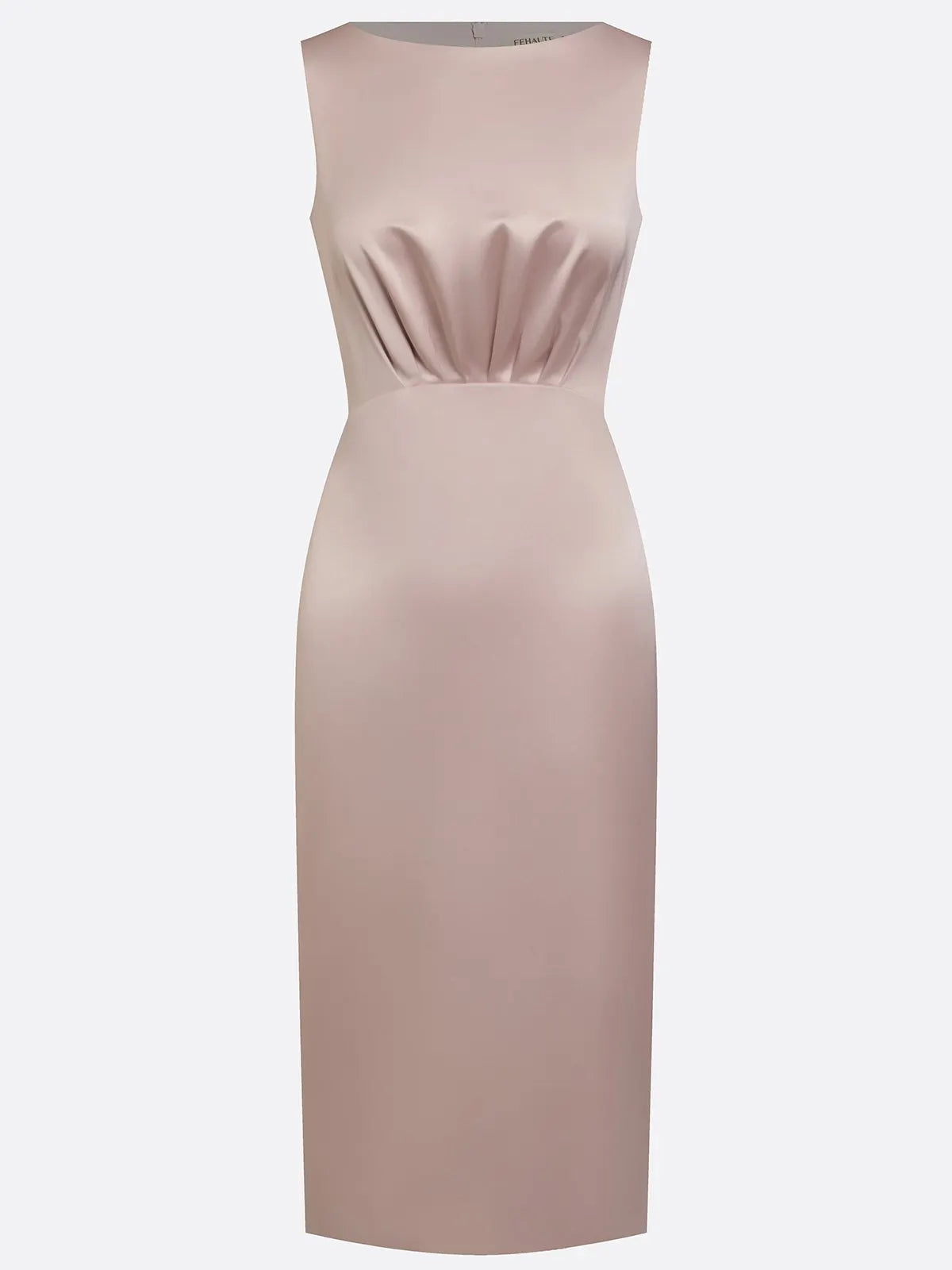 Pink Ruched Satin Boat Neck Sleeveless Sheath Midi Dress