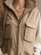 Casual Utility-style Khaki And Off-white Patchwork Long-sleeve Cotton Mini Dress