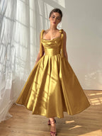 Satin Strapless Spaghetti Straps Sleeveless Pleated A-Line Prom Dress With Pleated And Bows YK0612