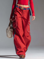 Y2K Retro Red V-Neck Long-Sleeve Crop Tee And Contrast-Stitch Cargo Wide-Leg Pants Set