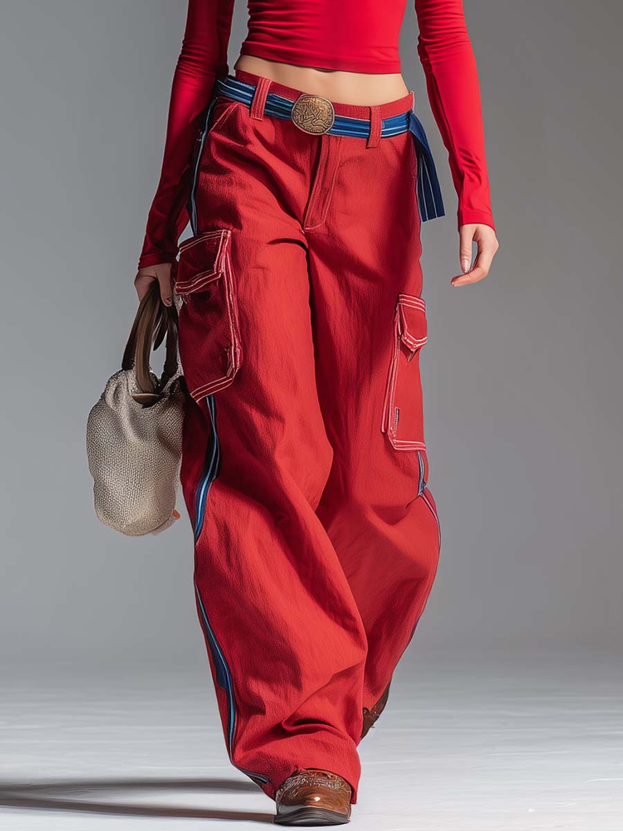 Y2K Retro Red V-Neck Long-Sleeve Crop Tee And Contrast-Stitch Cargo Wide-Leg Pants Set