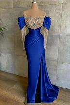 Cocoslly Off-The-Shoulder Long Lace Sleeves Long Split Mermaid Prom Dress With Beaded Applique Embroidery | Pink Satin ED0148
