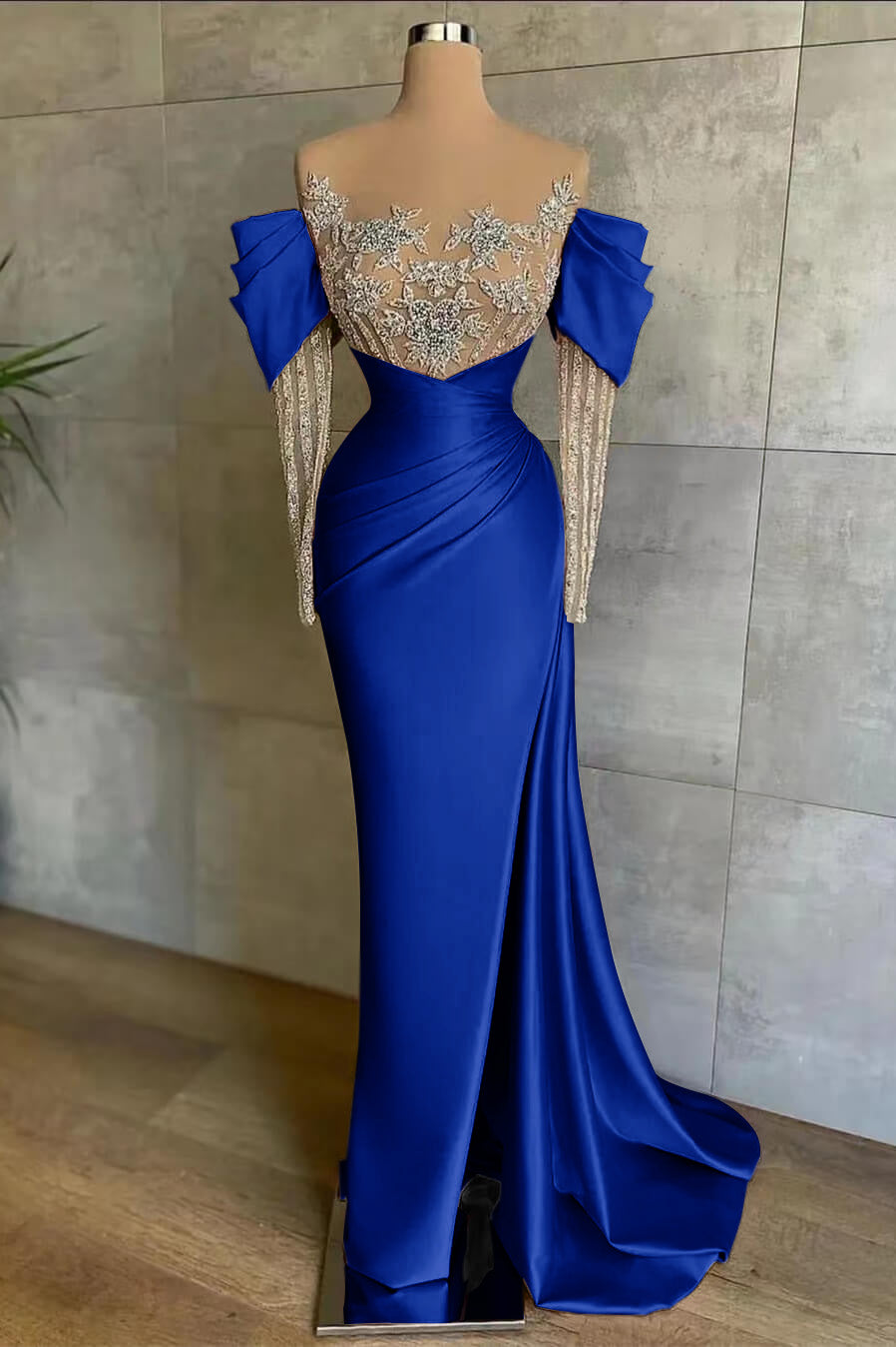 Cocoslly Off-The-Shoulder Long Lace Sleeves Long Split Mermaid Prom Dress With Beaded Applique Embroidery | Pink Satin ED0148