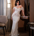 Cocoslly Off-The-Shoulder Sleeveless High Waist Long Mermaid Prom Dress With PLeated And Rhinstone | White Satin CO0026