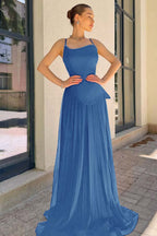 Spaghetti Strap Sleeveless Long Prom Dress With Pleated Sequins WQ0188