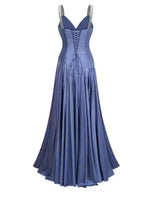 Cocoslly Spaghetti Straps Sleeveless High Waist Long Prom Dress With Pleated | Dusty Blue Chiffon LR0340