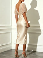 Champagne Ruched Satin V Neck Short Sleeve Raglan Sleeves Sheath Midi Dress
