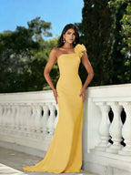 Satin One Shoulder Strapless Sleeveless Long Mermaid Prom Dress With Beadings And Flower YK0640