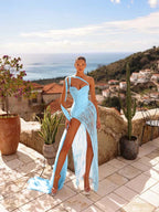 Cocoslly One Shoulder Sleeveless High Waist Long Split Prom Dress With Rhinstone | Silver Chiffon YK1284