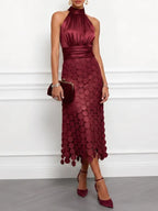 Women Light Green Satin Ruched Halter Neck Sleeveless A-Line Midi Dresses