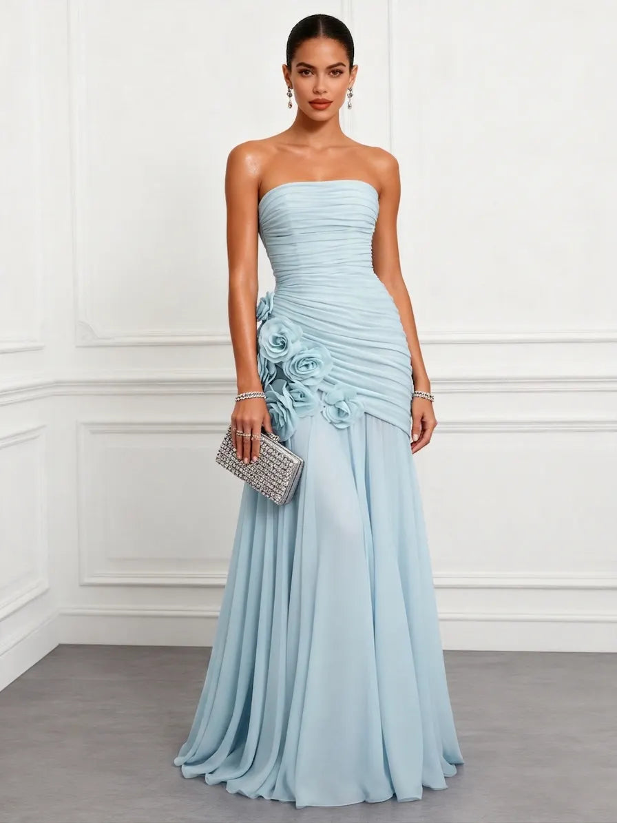 Blue Ruched 3D Floral Chiffon Strapless Sleeveless A-Line Floor-length Gown Dress