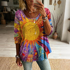 Women's Retro Hippie Art Print Flowy Linen Blend Casual T-shirt