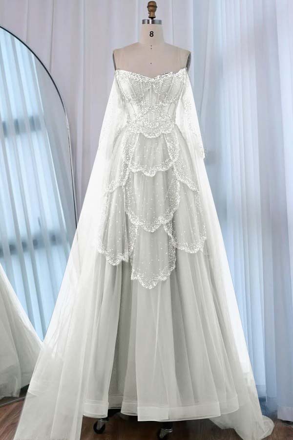 Tulle Strapless Sleeveless High Waist Long A-Line Prom Dress With Beadings And Ruffles WQ0557