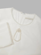 White Faux Pearl Cut Out Classic Crew Neck Long Sleeve Sheath Mini Dress