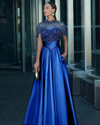 Tulle And Satin High-Neck Short Sleeves Long A-Line Pleated Prom Dress With Pockets And Beadings YK0542