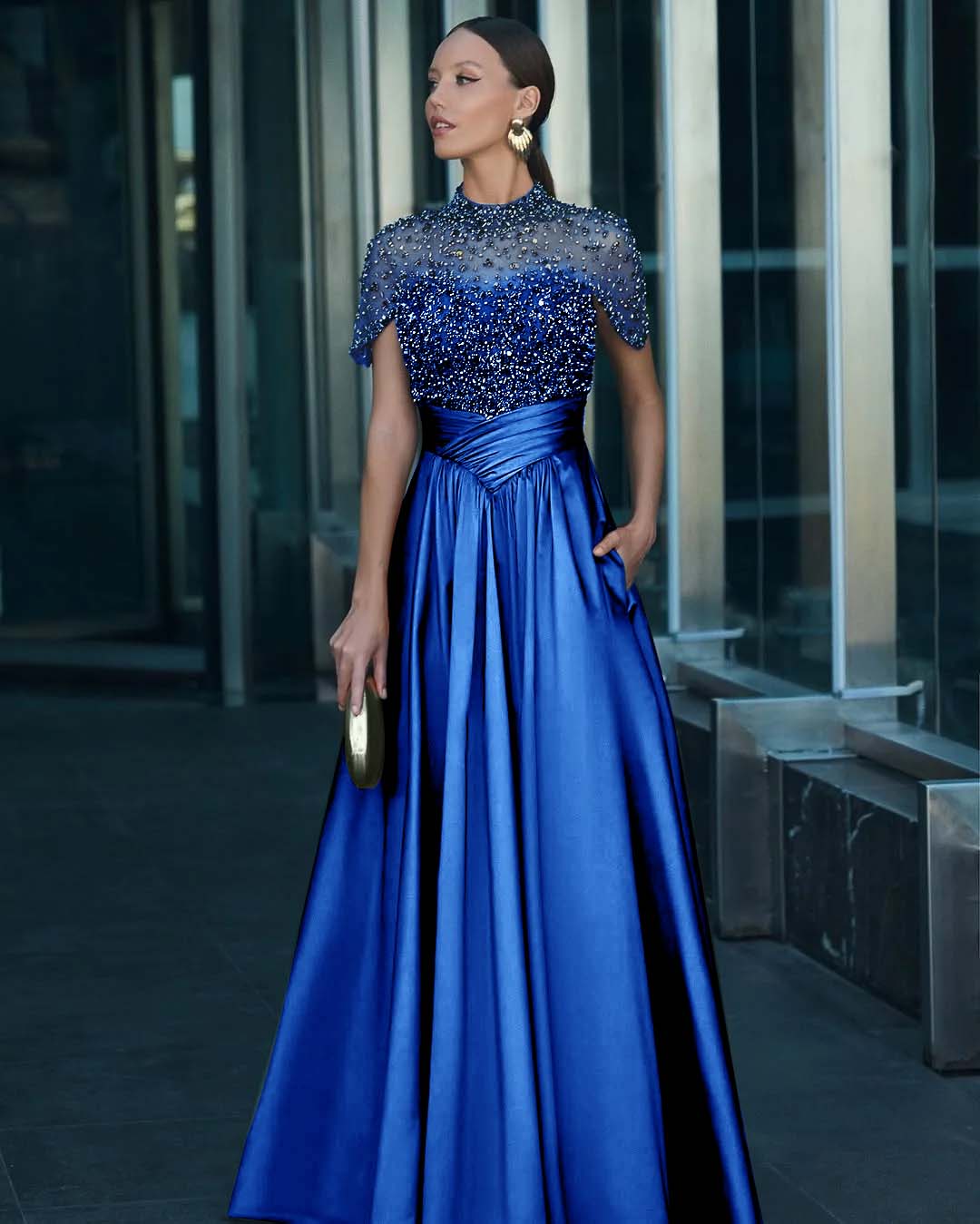 Tulle And Satin High-Neck Short Sleeves Long A-Line Pleated Prom Dress With Pockets And Beadings YK0542