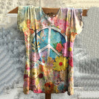 Vintage Hippie Vibe Peace And Love Hippie Floral Painting Art  Print Casual Shirt Linen Casual T-shirt