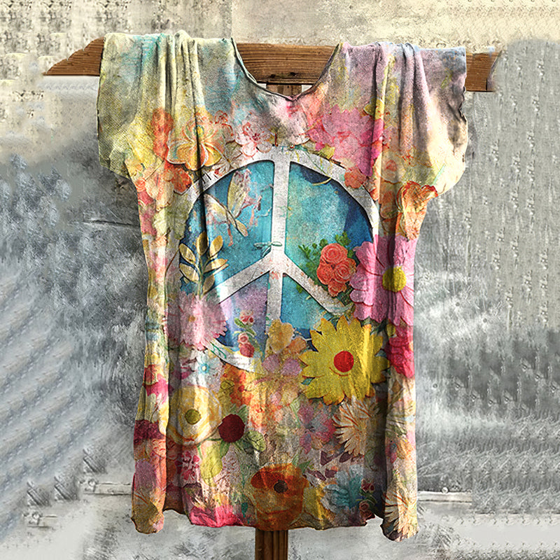 Vintage Hippie Vibe Peace And Love Hippie Floral Painting Art  Print Casual Shirt Linen Casual T-shirt