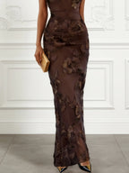 Deep Brown Jacquard Classic Off The Shoulder Sleeveless Bodycon Floor-length Gown Dress