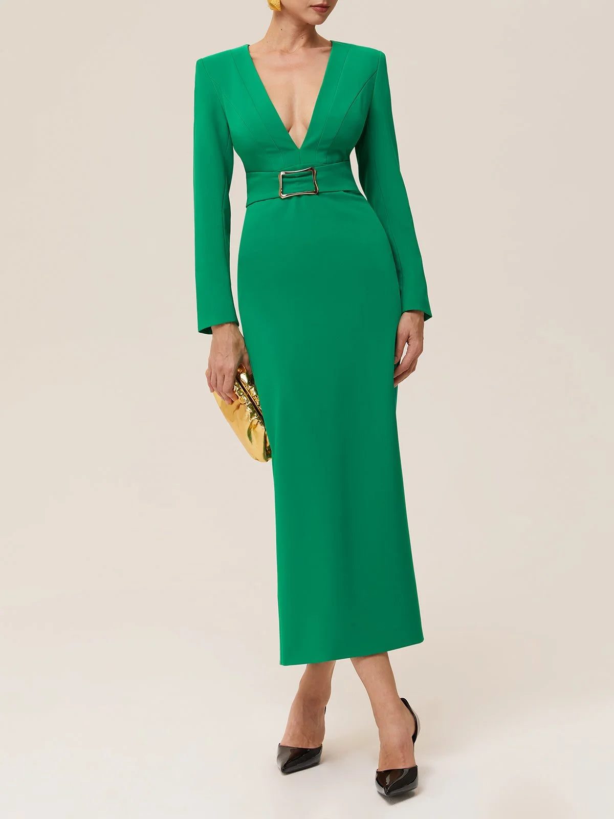 Green Classic Deep V Neck Long Sleeve Sheath Maxi Dress