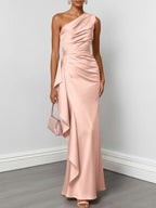 Champagne Ruffled Ruched Satin One Shoulder Sleeveless Sheath Floor-length Gown Dress