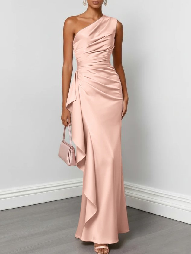 Champagne Ruffled Ruched Satin One Shoulder Sleeveless Sheath Floor-length Gown Dress