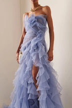 Strapless Sleeveless Long High Split Prom Dress With Pleated XJ0663