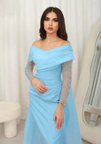 Cocoslly Off-The-Shoulder Long Sleeves High Waist Long Prom Dress With Rhinstone | Blushing Pink Chiffon JZ0100