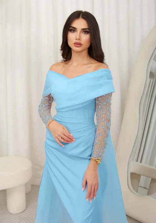 Cocoslly Off-The-Shoulder Long Sleeves High Waist Long Prom Dress With Rhinstone | Blushing Pink Chiffon JZ0100