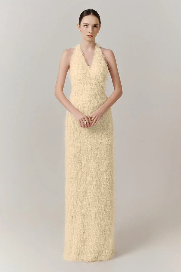Cocoslly Halter Sleeveless High Waist Long Prom Dress With Tassel | Blushing Pink Feather JZ0095