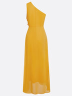 Yellow Peplum Chiffon One Shoulder Sleeveless Sheath Maxi Dress