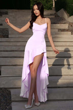 Cocosll Spaghetti Straps Sleeveless High Waist Long Prom Dress With Ruffles | Blushing Pink Satin YC0564