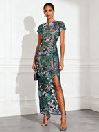 Green Glitter Slit Sequin Boat Neck Short Sleeve Sheath Maxi Dress