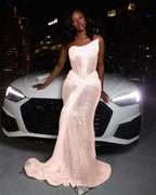 Tulle Asymmetric Strapless Sleeveless Long Pleated Mermaid Prom Dress With Sequins And Ruffles YK0320