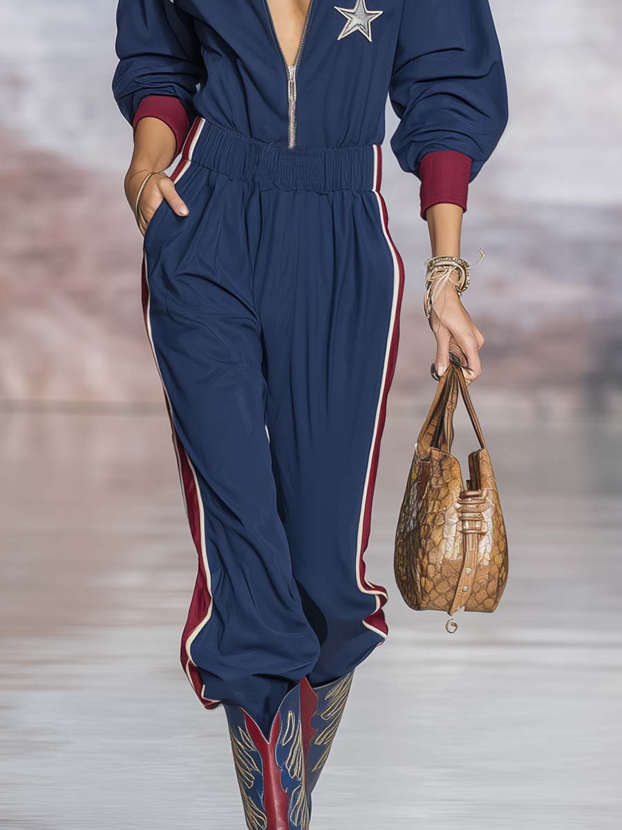 Retro Sporty Star-Badge Navy Colorblock Half-Zip Cotton Jumpsuit