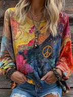 Women's Hippie Style Peace Logo Print Crew Neck T-shirt