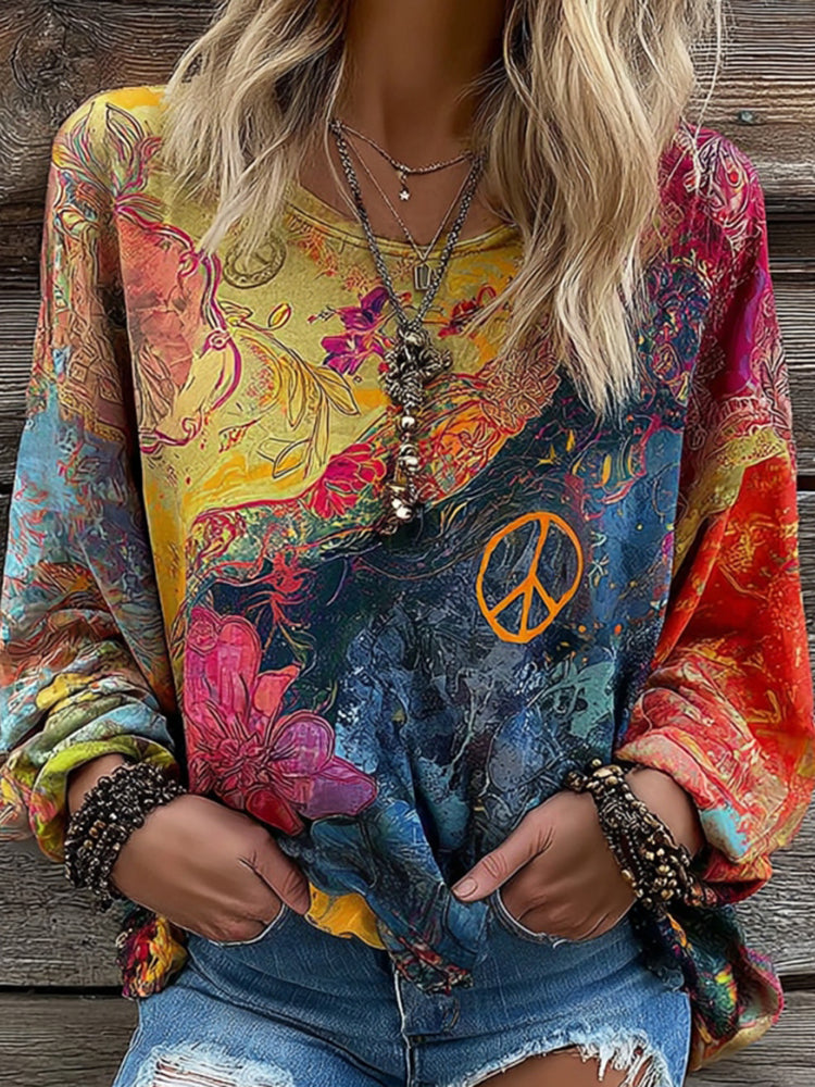 Women's Hippie Style Peace Logo Print Crew Neck T-shirt