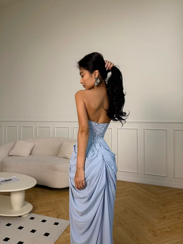 Cocoslly Strapless Sleeveless High Waist Long Prom Dress With Split And Pleated | Ice Blue Satin YC0566