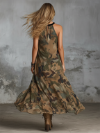 Chic And Elegant Green Camouflage Print Halter-neck Chiffon Maxi Dress