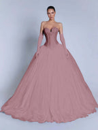 Tulle Sweetheart Strapless Sleeveless Long A-Line Prom Dress With Bow And Gloves YK0721