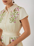 Apricot Embroidery Floral Classic Bow Collar Cap Sleeve A-Line Midi Dress