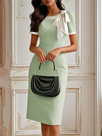 White Bow Short Sleeve Sheath Midi Dress